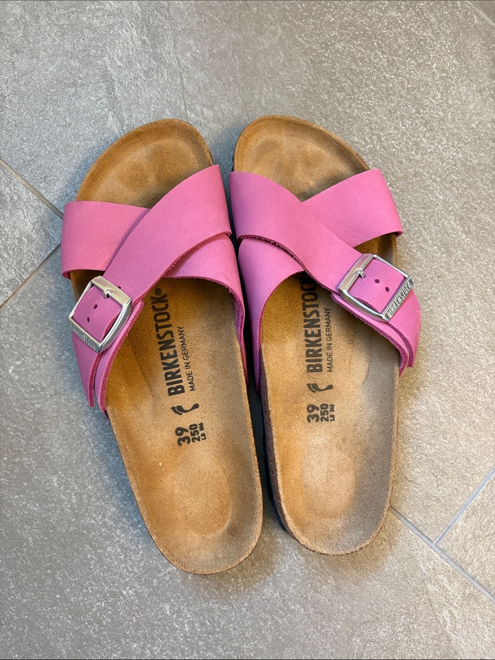 Birkenstock Women’s Pink Crossed Buckle Slide Sandals